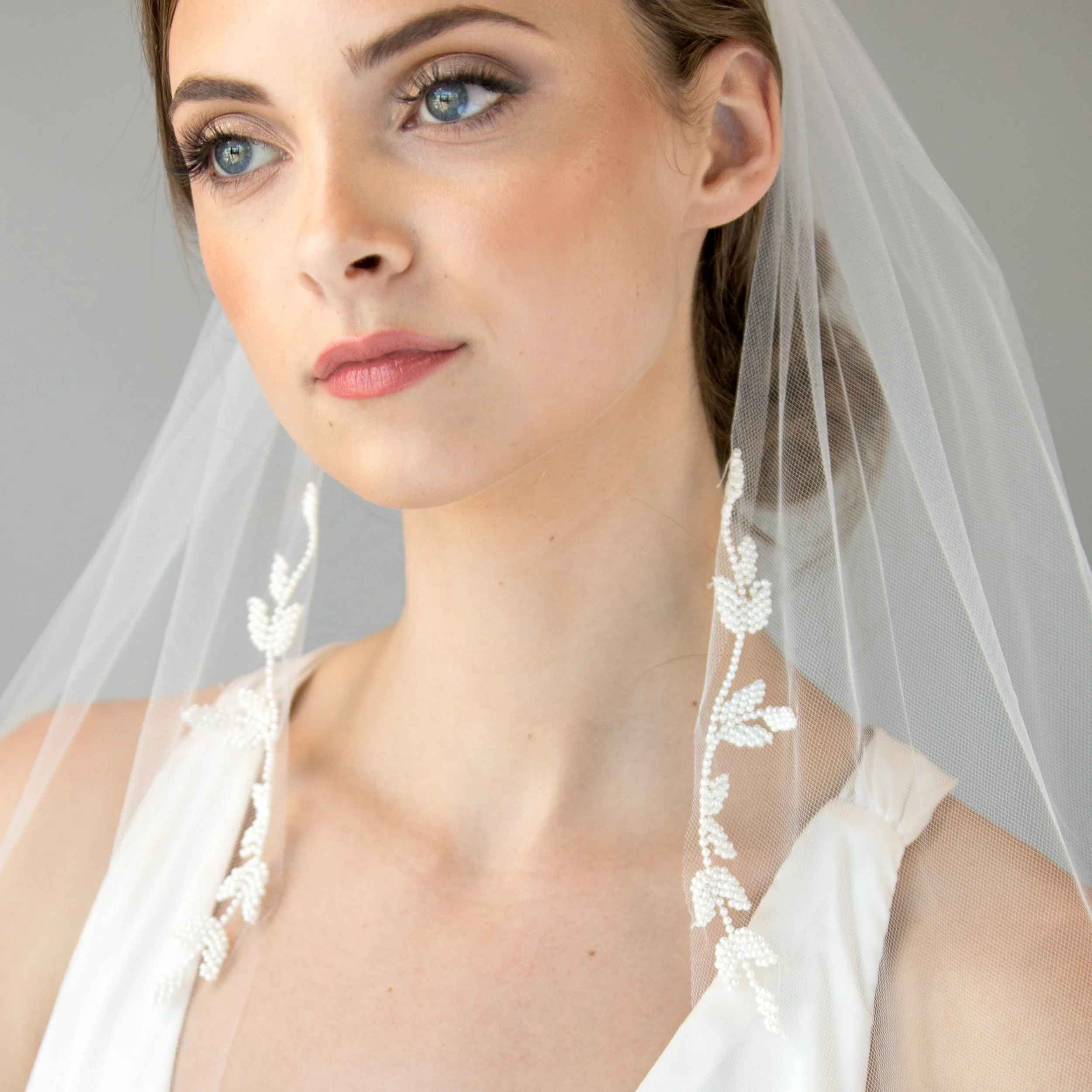 Seed pearl leaf and vine embroidered Jane bridal veil by bridal